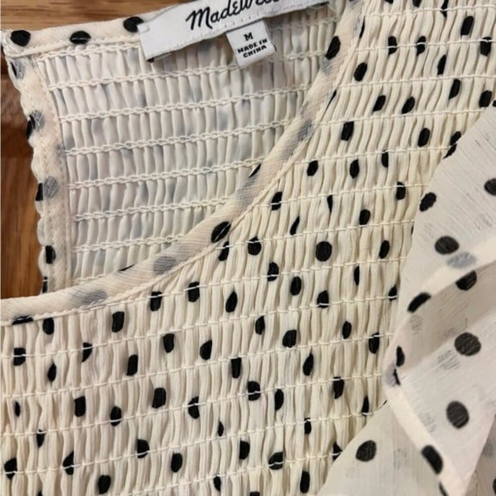 Madewell Smocked Ruffle-Shoulder Crinkled Georgette Midi Dress in Inkbrush Dots - Picture 11 of 12